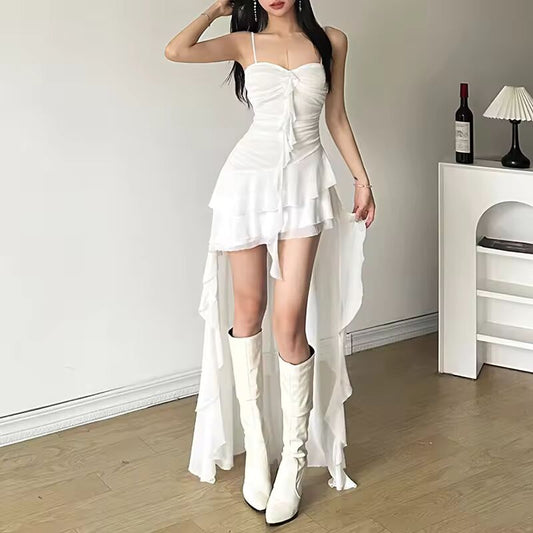 Lamuusaa y2k Dress Women Summer Solid Color Sweetheart Neck Spaghetti Strap Sleeveless Asymmetrical Hem Dress Club Party Dresses