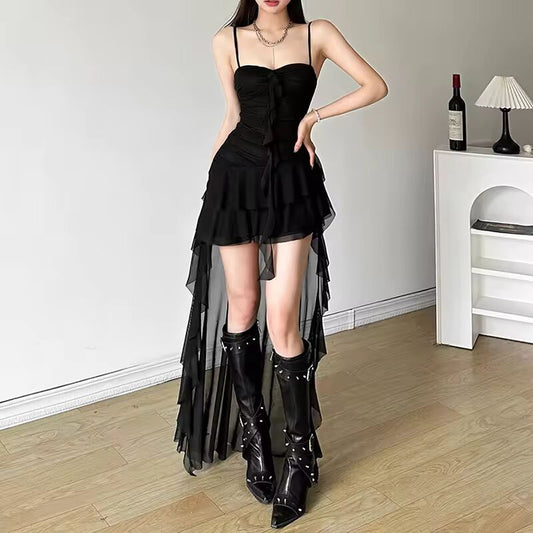 Lamuusaa y2k Dress Women Summer Solid Color Sweetheart Neck Spaghetti Strap Sleeveless Asymmetrical Hem Dress Club Party Dresses