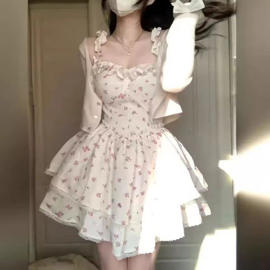 White Sexy Slimming Puff Skirt Tank Dress For Women Summer Lace Up Waist-Fitted Aesthetic Desire Dress Sweet Spicy Style