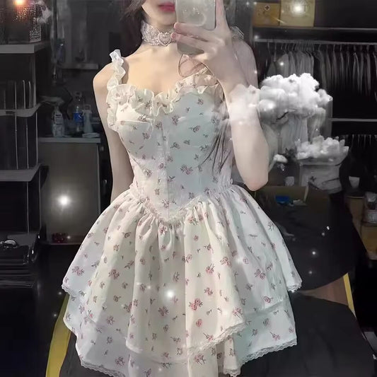 White Sexy Slimming Puff Skirt Tank Dress For Women Summer Lace Up Waist-Fitted Aesthetic Desire Dress Sweet Spicy Style